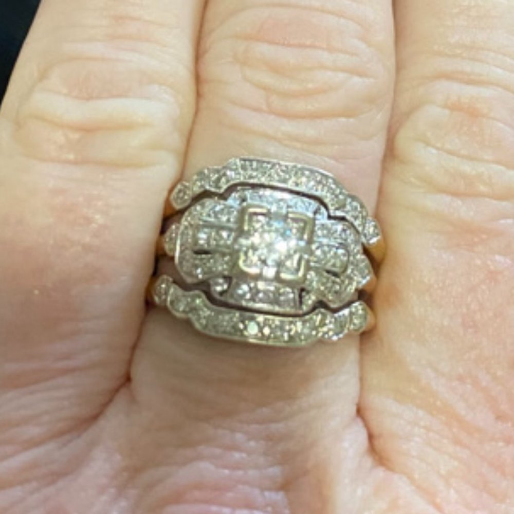 14k two tone gold three band art deco diamond wedding set sz 9.5 - Picture 1 of 5